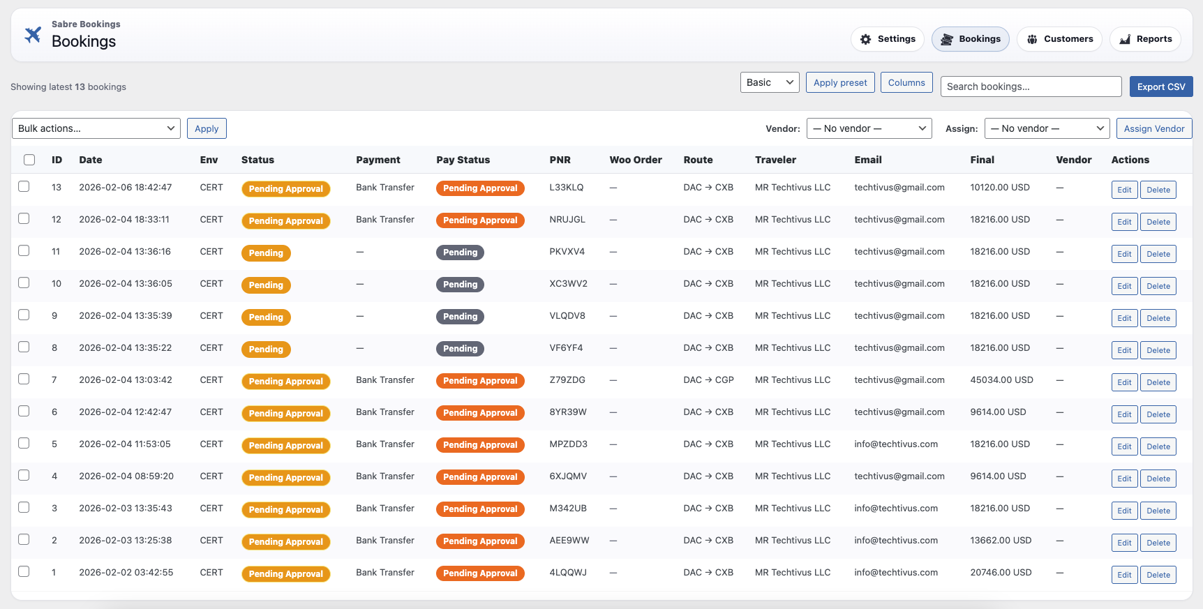 Sabre Flight Bookings in Website Admin Dashboard - Techtivus: Website and Application Development Agency