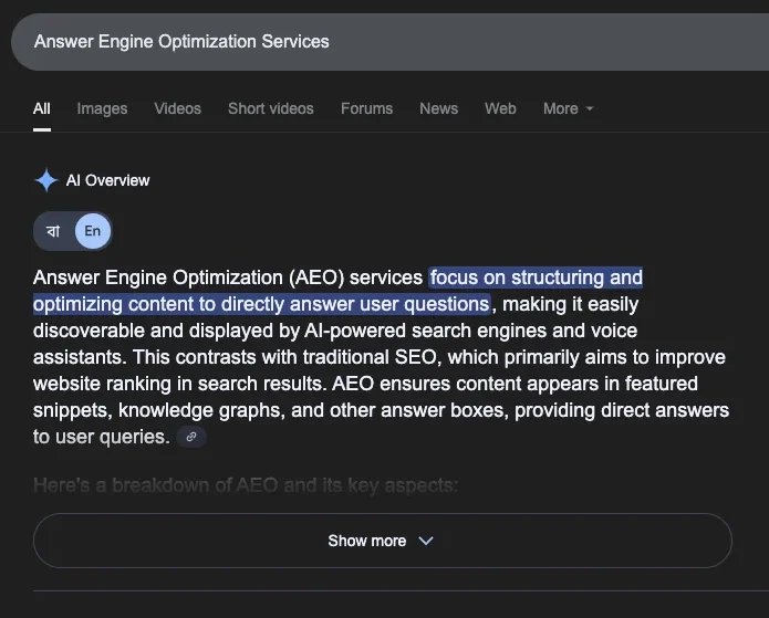 Example of Google AI overview answer for Answer Engine Optimization services